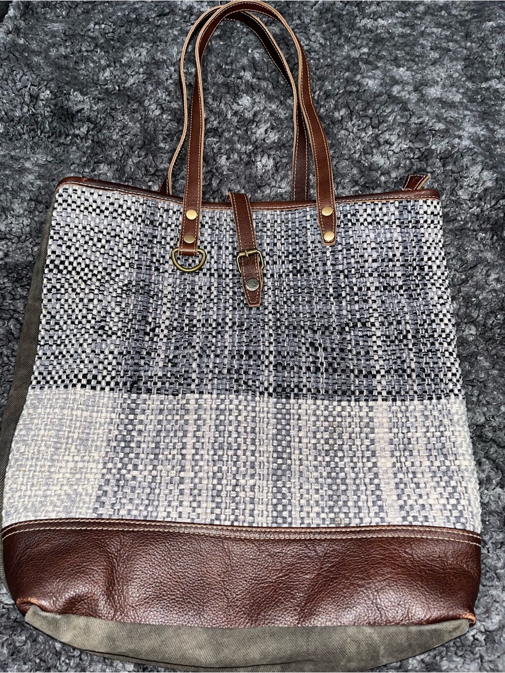 Myra Bag Gray and Cream Woven Tote with Brown Trim
